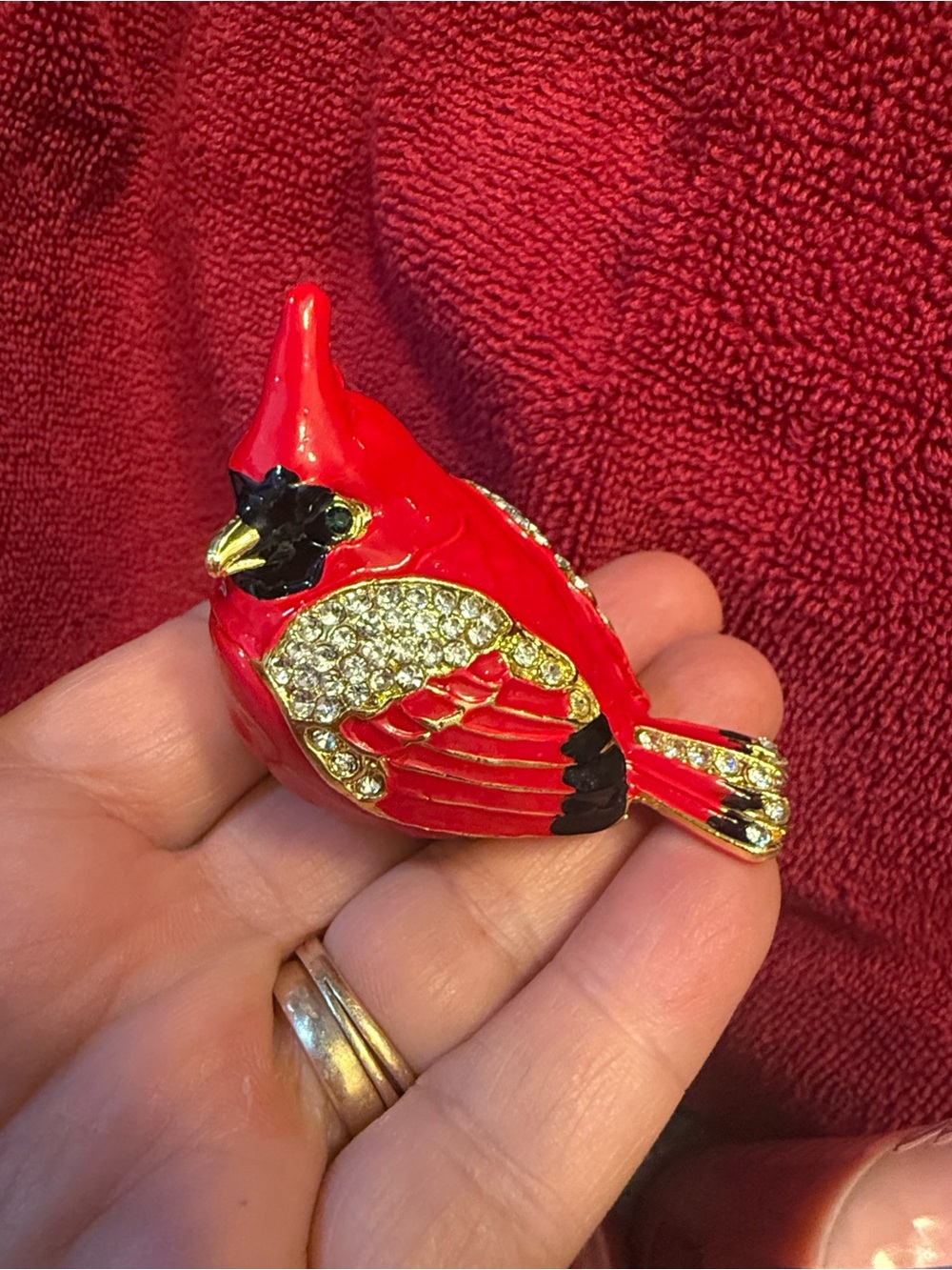 Red Cardinal Rhinestone Enamel trinket box